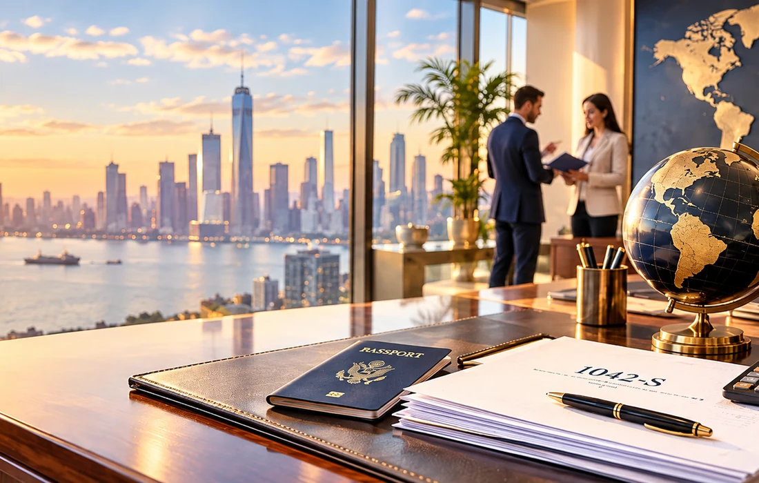 International tax and withholding office environment representing Form 1042-S foreign person withholding