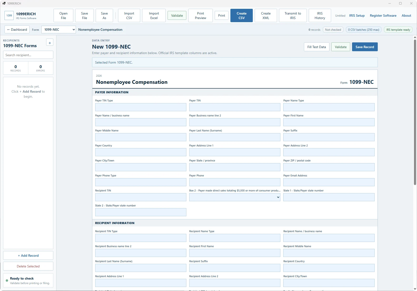 1099ERICH Form 1099-NEC software screen showing a genuine example from the IRIS product