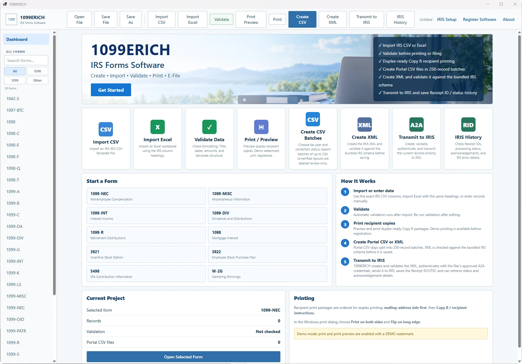 1099ERICH Windows software dashboard showing IRIS filing and data preparation