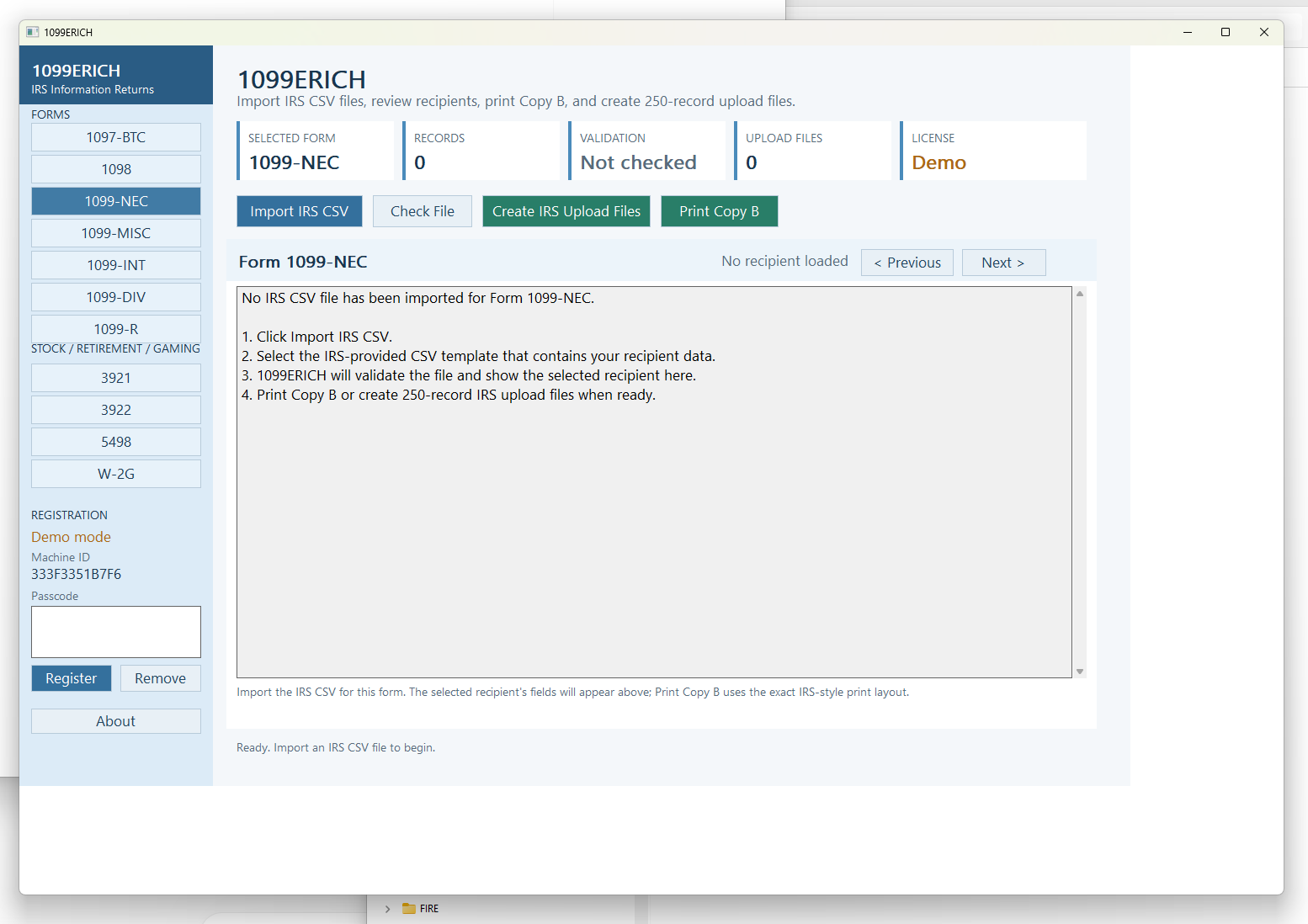 1099ERICH Windows software showing the 1099-NEC dashboard, IRS CSV import, validation, recipient copy printing and IRS upload file controls