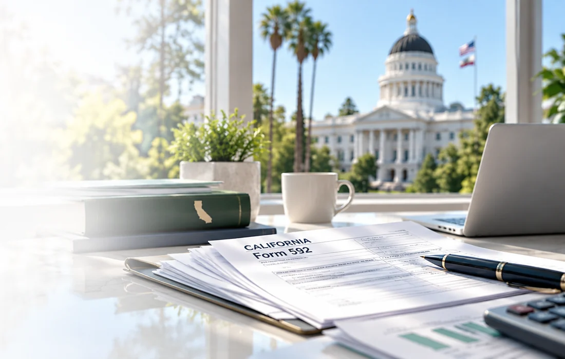 California Form 592 paperwork on a bright office desk with the California State Capitol in the background